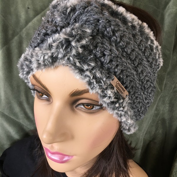 Charcoal, Grey, Faux Fur, Trimmed, Chunky Yarn, Twisted Headband, Ear Warmer