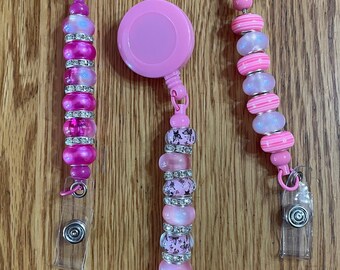 Badge Pull, Nursing, Hospital Badge Pull, Breast Cancer, Mammography, Nurse, PINK, Glass beads, Awareness
