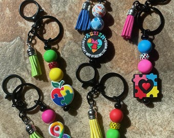 Autism Awareness, Puzzle, beaded, Keychain, Rod Keyring, Key ring, Keyring fob, with tassel, Handmade