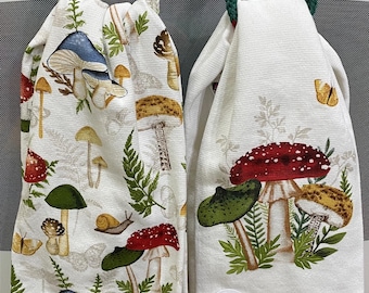 Mushrooms, Woodsy Mushroom, Gift for Mushroom Lover, Dual Purpose Dish towel, Removable Crocheted Button hanger