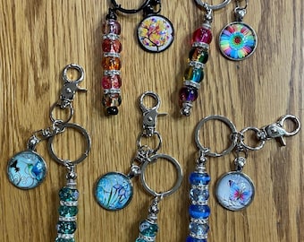 Dragonfly, Butterfly, Hummingbird, Rainbow, Glass bead Keychain, Rod Keyring, Glass Dome Pendant, Key ring, Keyring fob, Keychain with charm