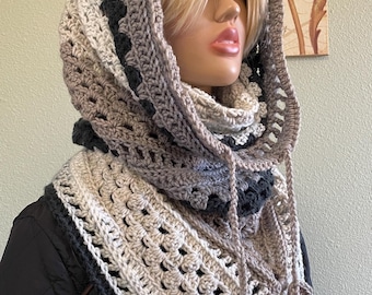 Hooded Cowl Bandanna Triangle Scarf, Hood, drawstring, BOHO, Renaissance, black, greys