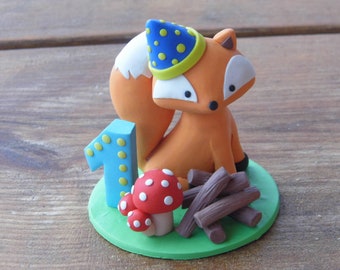 Party fox babies 1st birthday cake topper, Personalized forest animal figurine, Fox figurine, Mushrooms Wood Fox Animal Woodland theme party