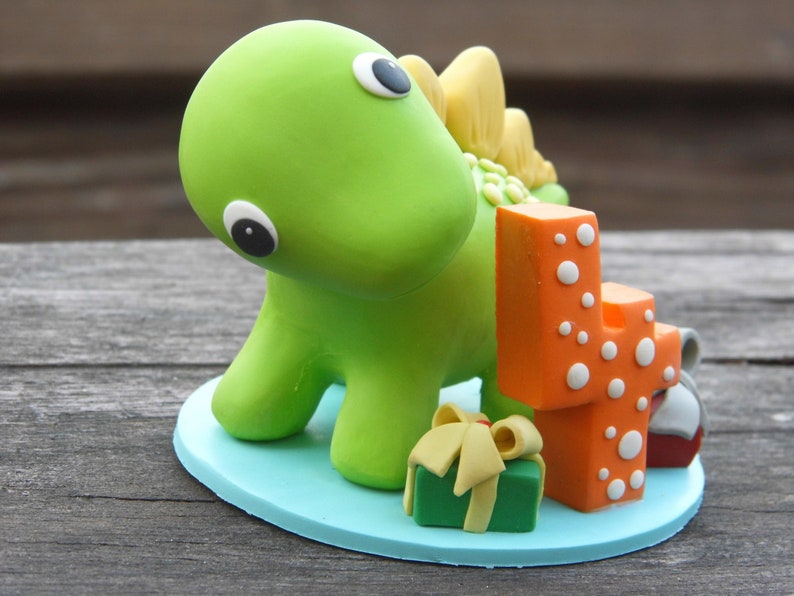 Custom Dinosaur cake topper, Birthday cake topper, 4th birthday party, Cake decor, Clay Dinosaur Figurine, Personalized Dinosaur Figurine image 2