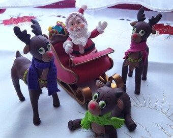 Santa Claus Sleigh And Reindeers Christmas Figurine, Personalized Christmas Family Gift, Clay Santa Christmas Decoration Sculpture Figures