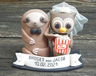 Personalized Owl Wedding Cake Topper, Forest Animal Cake Topper, Wedding Gift For Couple, Rustic Wedding Cake Topper, Owl Sloth Cake Figure