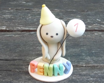 Personalized Bunny Birthday Cake Topper Figurine, Bunny Birthday Cake Figurine, Custom Woodland Animal Bunny Figurine Birthday Cake Topper