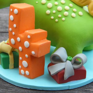 Custom Dinosaur cake topper, Birthday cake topper, 4th birthday party, Cake decor, Clay Dinosaur Figurine, Personalized Dinosaur Figurine image 4