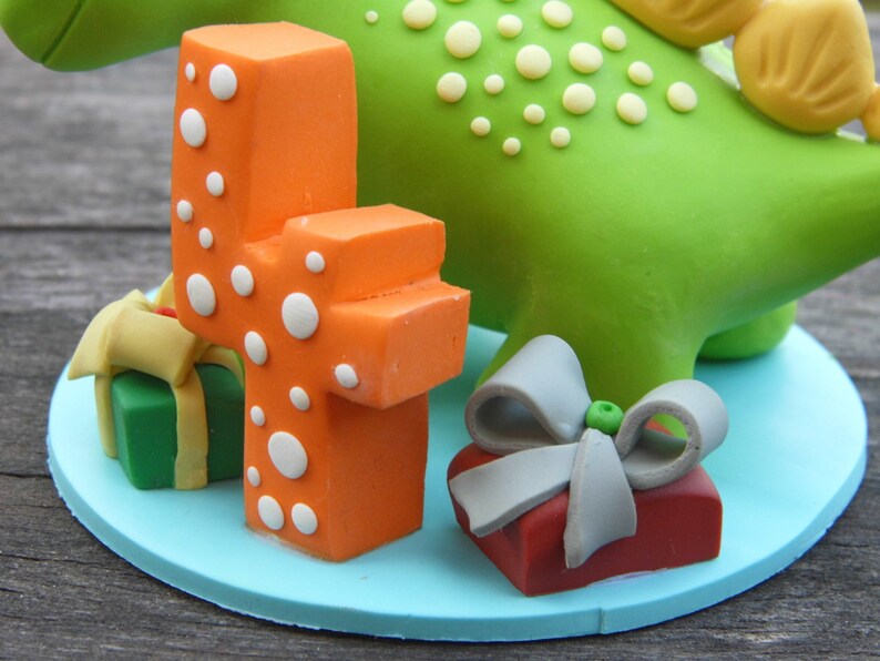 Custom Dinosaur cake topper, Birthday cake topper, 4th birthday party, Cake decor, Clay Dinosaur Figurine, Personalized Dinosaur Figurine image 4