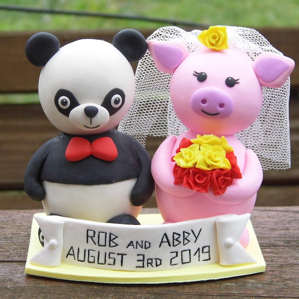 Unique Animal Wedding Cake Topper, Panda Pig Figure Wedding Topper, Personalized Wedding Gift For Couple, Custom Animal Wedding Cake Topper