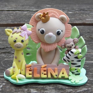 Tema de fiesta de cumpleaños de la selva, topper de pastel personalizado, topper de pastel de animales, estatuilla de animales de safari, figuras de pastel de jirafa mono león de la selva