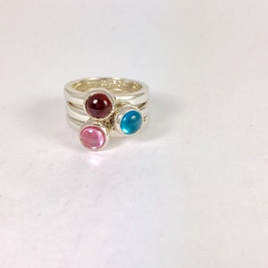 Garnet, Blue & Pink Tourmaline Sterling Silver Stacking Rings Set