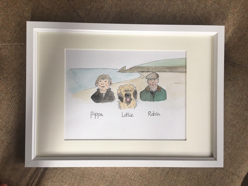 Framed family portrait illustration watercolour pet and family portrait hand painted