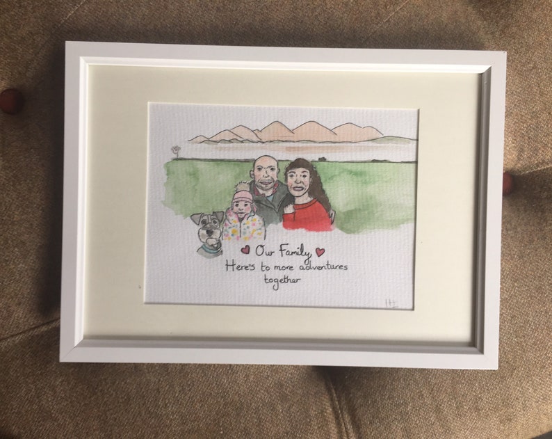 Framed family portrait illustration watercolour pet and family portrait hand painted
