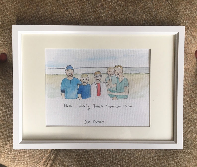 Framed family portrait illustration watercolour pet and family portrait hand painted