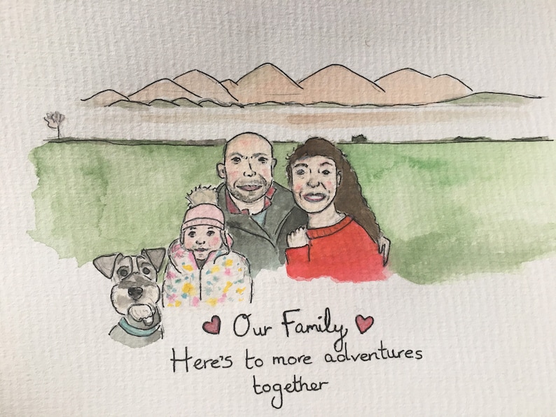 Framed family portrait illustration watercolour pet and family portrait hand painted