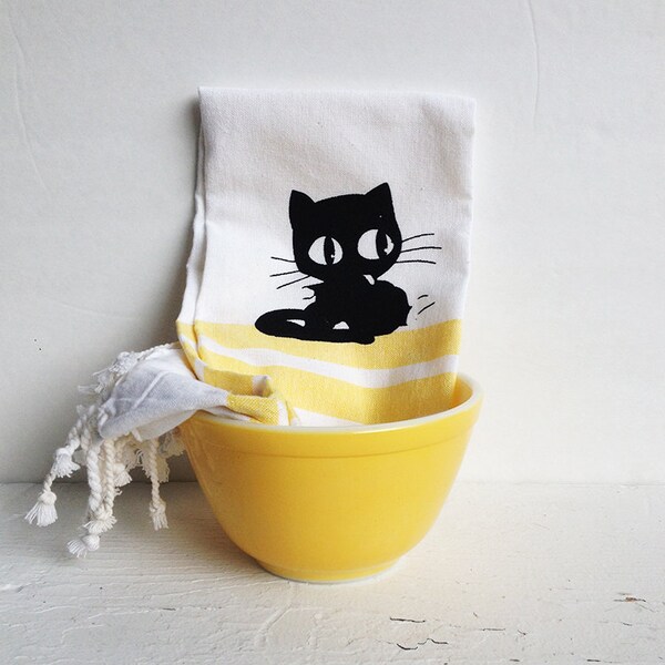 Sale- Black Cat Kitchen Dish Towel- White with Yellow Stripes-  Kitchen Decor, Tea Towel, Cat Lover Housewarming Gift, Animal, Kitten