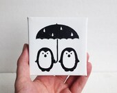 4x4 Mini Canvas - Rainy day penguin couple with umbrella- 4 x 4 print, Black and White, Wall Decor, Rain, Wall Art, Minimal, Nursery, gift