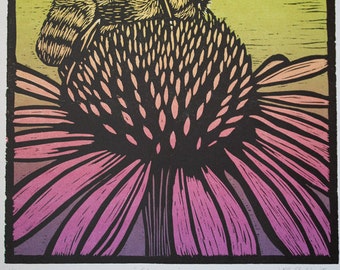 Echinacea - Three Color Woodblock Reduction Print