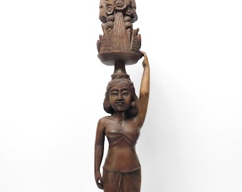 Mid 20th Century 22 in. Balinese Art Wood Carved Statue Lovely Woman on Lotus marked Klungkung Bali