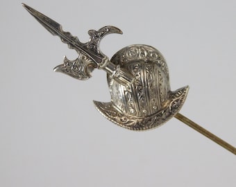 Rare & Unique Antique Sterling Silver Repousse Hat or Stick Pin Medieval Dragoon Helmet with Spear