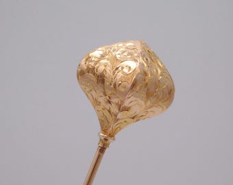 Magnificent 19th Century 14k+ Yellow Gold Rose Gold Chased Four Sided Tear Drop Finial Hat Lapel Stick Pin