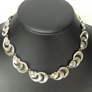 Vintage TAXCO Mexico Sterling Silver Circle Crescent Moon and Ball Panel Link Necklace Early Eagle Mark