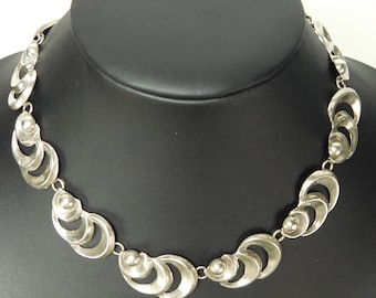 Vintage TAXCO Mexico Sterling Silver Circle Crescent Moon and Ball Panel Link Necklace Early Eagle Mark