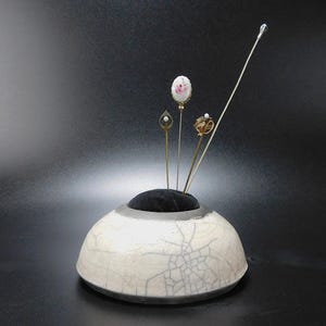 Studio Raku Style Pottery Jewelry Stick Pin or Sewing Pin Cushion White Gray Crackle Glaze Signed