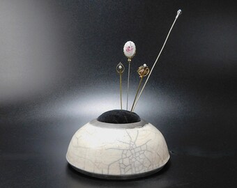 Studio Raku Style Pottery Jewelry Stick Pin or Sewing Pin Cushion White Gray Crackle Glaze Signed