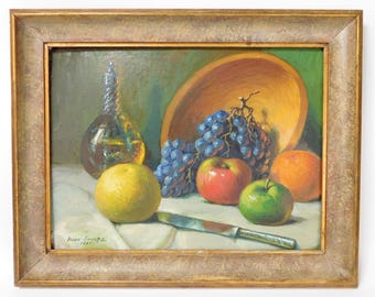 Exquisite Still Life Oil on Board Painting Fruit Bowl Bottle signed Isaac Shultz 1957