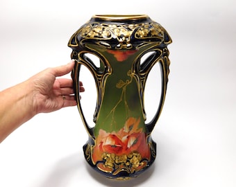 Stunning Antique Art Nouveau Two Handled 14" Vase Hand Painted Poppies on Cobalt Blue Ground by ERNST WAHLISS Turn Vienna Austria
