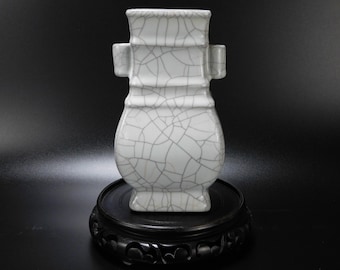 Chinese Guan Ware White Crackle Glazed Hu Form Vase with Tubular Handles Signed Chongning