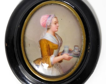 Antique Dresden Porcelain Miniature Portrait Painting "The Chocolate Girl" after Jean Etienne Liotard