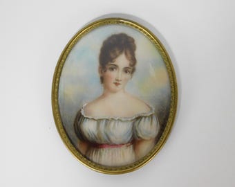 Fine Antique Hand Painted Miniature Portrait of Prominent French Socialite Madame Juliette Recamier Signed