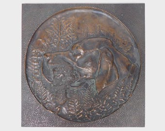 RARE 1885 Bronze BAS Relief Plaque Hunting Dog with Bird marked Tahanto Mfg. Co. Attr. Alexander Pope Jr.