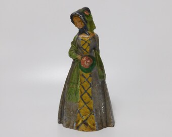 Antique Victorian Female Figure in Long Coat and Bonnet Heavy Cast Iron Doorstop Original Paint