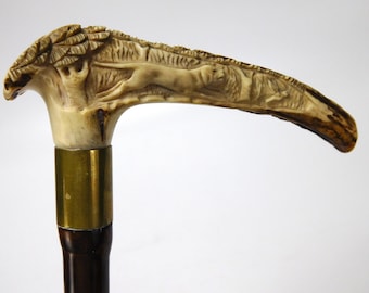 Antique Carved Antler Gentlemen's Cane Walking Stick Extraordinary Staghorn Crown Carved Hunting Scene Dog Chasing Bird