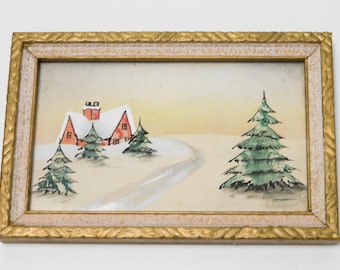 Framed Folk Art Watercolor Postage Stamp Collage Snowy Winter Cottage Scene Franciscaines Missionnaires de Marie Quebec 1920-1960