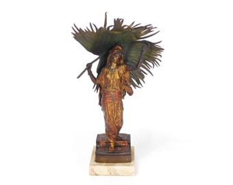 Early 20th C. Austrian Cold Painted Bronze Sculpture Woman Holding Palm Leaf signed Franz Bergman