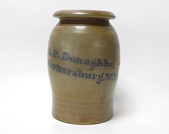 A.P. Donaghho Parkersburg W. Va. Blue Stenciled Stoneware Sealer Jar Circa 1870-1880