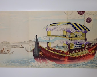 Chikanobu (1832-1912) Triptych "Tokugawa Shogun's Ship at Okawasuji" Japanese Woodblock Print