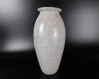 20th C. Guan Style Tall Slender Ovoid White Crackle Glaze Pottery Vase 11"
