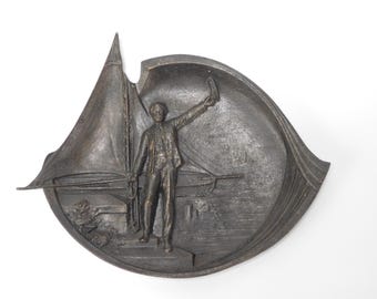 Art Deco Nautical Maritime Gentlemen's  Dresser Trinket Tray Bronzed High Relief Yacht Sailor Ship Captain Bon Voyage