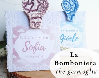 Bomboniere Battesimo mongolfiera per bimbo o bambina, Bomboniere nascita personalizzate in carta piantabile, Bomboniere eleganti artigianali