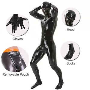 LinvMe Men's Wetlook Hooded One Piece Bodysuit Shinny Fetish Club Wear Faux Leather Catsuit Cosplay Costume Sets image 1