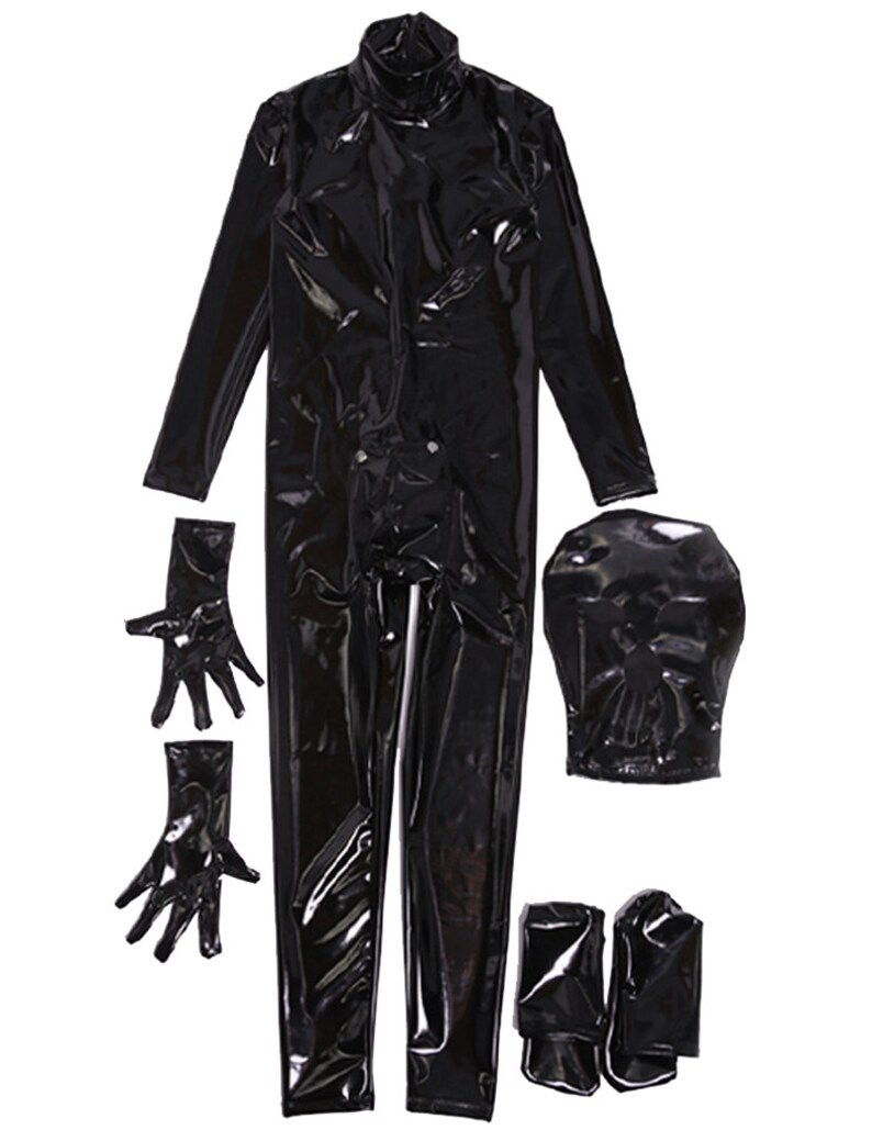 LinvMe Men's Wetlook Hooded One Piece Bodysuit Shinny Fetish Club Wear Faux Leather Catsuit Cosplay Costume Sets image 3