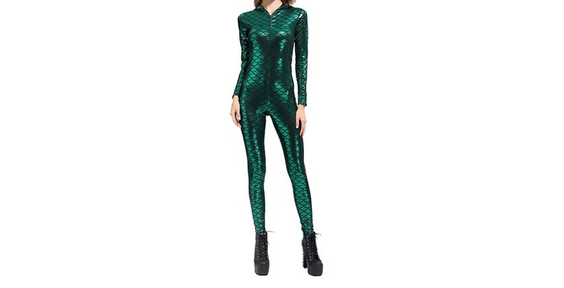 LinvMe Women Mermaid Fish Scale Hooded Catsuit Wetlook Sequin Front Zip One Piece Bodysuit Club Wear Jumpsuit Sexy Halloween Cosplay Costume 