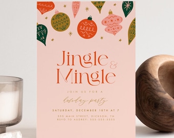 Jingle and Mingle Editable Holiday Party Invitation Template with Ornaments