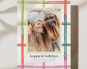 Bright Plaid holiday family photo card template, Christmas Card, Merry and Bright